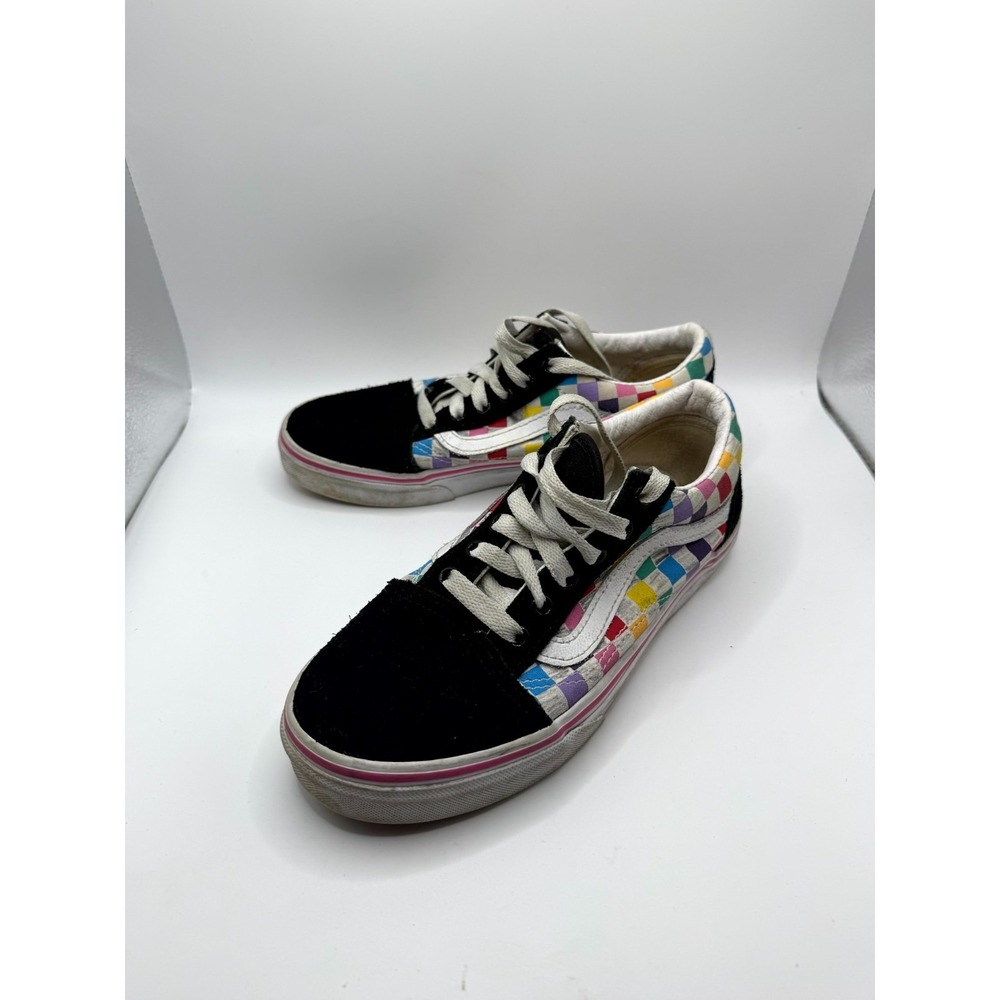 Vans Old Skool Rainbow Checkerboard Unisex Kid 4 Sneaker Black Suede Skate Shoes